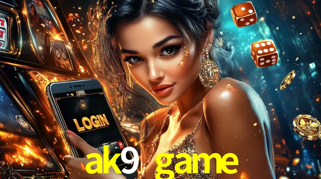 Mulher glamourosa segurando um celular com a tela de login do cassino ak9 game, rodeada por dados e moedas douradas, pronta para começar a diversão.