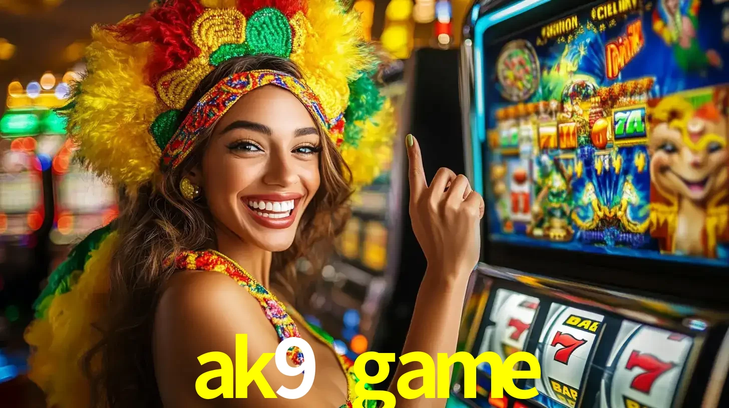 Mulher animada com um cocar de carnaval apontando para uma máquina de caça-níqueis, mostrando a emoção de ganhar um grande prêmio nos jogos do ak9 game.
