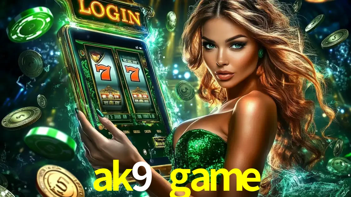 Mulher com tema verde apresentando o aplicativo do cassino ak9 game com um jogo de slot de 777, cercada por fichas de cassino e uma aura de sorte.