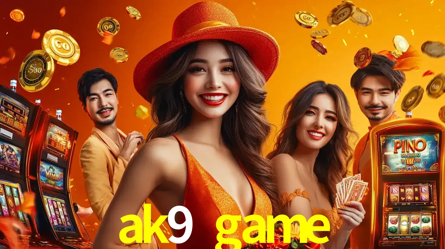 Grupo de amigos asiáticos sorrindo e se divertindo com máquinas de caça-níqueis em um ambiente festivo, celebrando suas vitórias nos jogos de cassino do ak9 game.