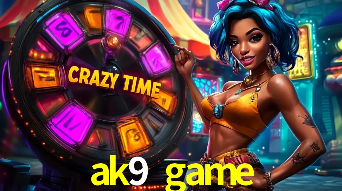 Mulher estilizada com cabelo azul e visual vibrante posando ao lado da roda de prêmios do game show Crazy Time, convidando para a diversão e os bônus do cassino ak9 game.