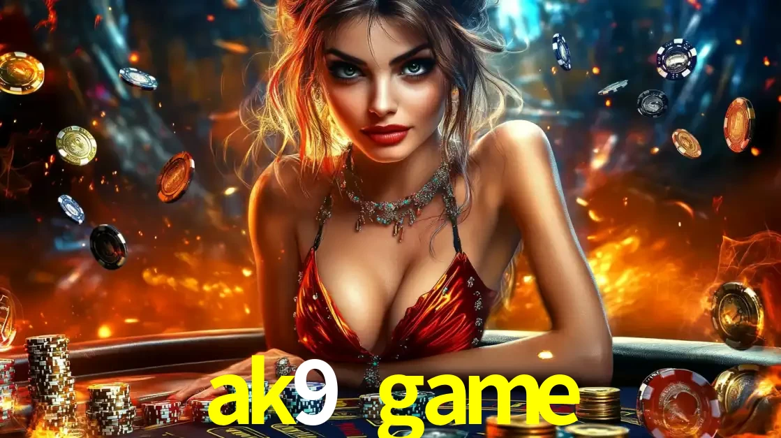 Mulher em uma mesa de cassino com pilhas de fichas e um fundo de fogo, pronta para uma rodada de altas apostas nos jogos de mesa emocionantes do cassino ak9 game.