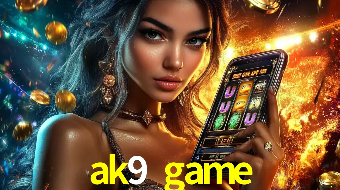 Mulher elegante mostrando um jogo de caça-níqueis em seu smartphone, destacando a experiência de cassino móvel oferecida pelo aplicativo ak9 game.