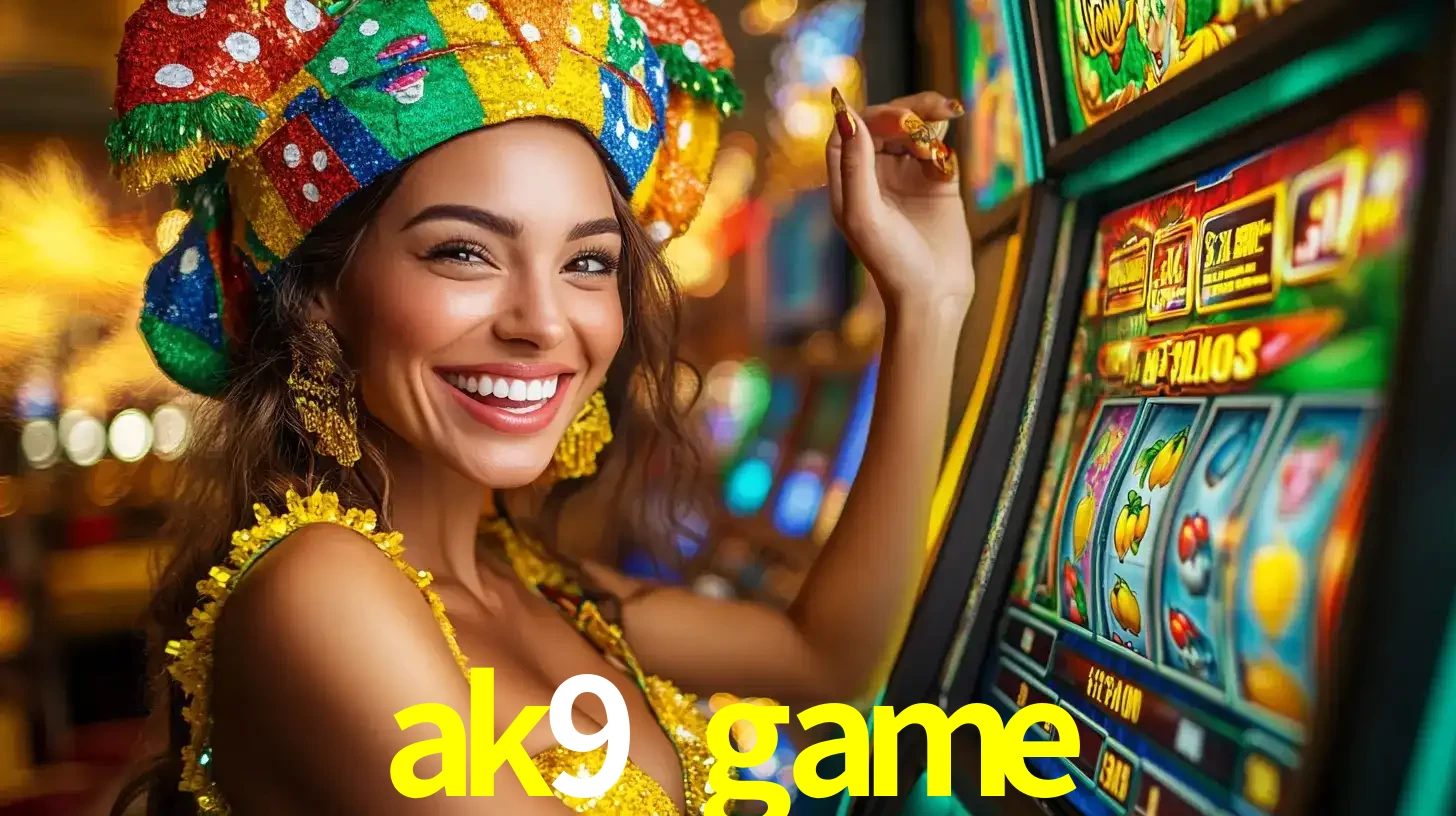 Mulher feliz com traje de carnaval amarelo e colorido ao lado de uma máquina de caça-níqueis, aproveitando a diversão e os jogos temáticos do cassino ak9 game.