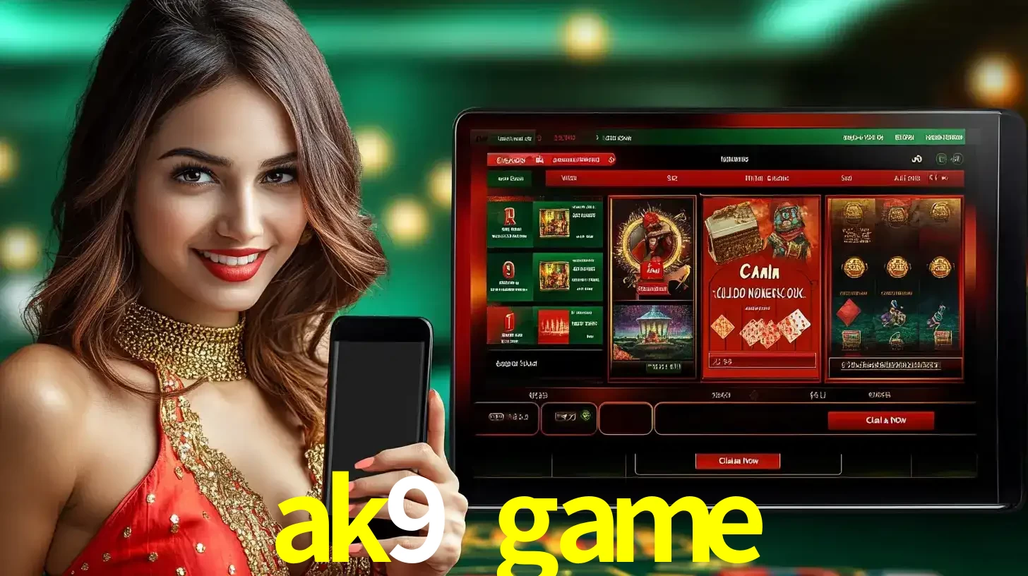 Mulher sorridente segurando um smartphone, ao lado de uma tela exibindo o lobby de jogos do cassino online ak9 game, com várias opções de jogos de cartas e slots.